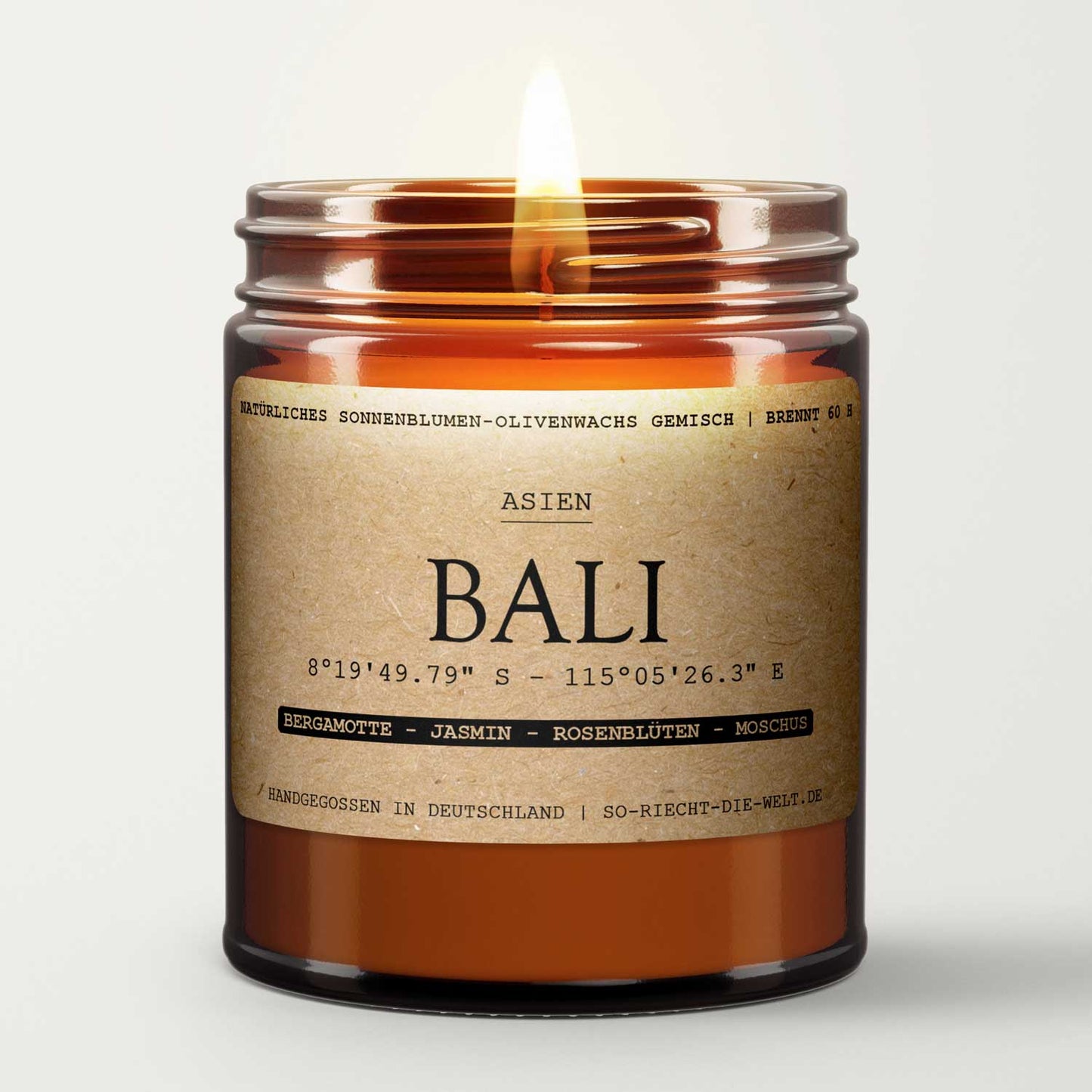 Vela aromática Bali – Bergamota | Jazmín | Pétalos de rosa | Almizcle