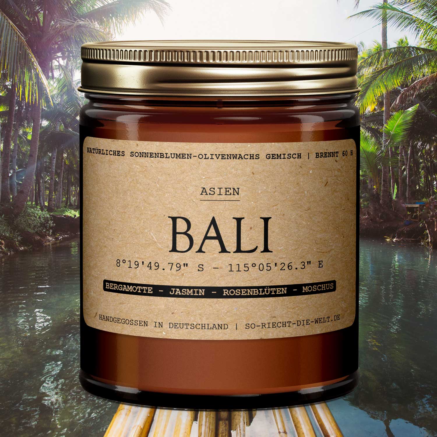 Vela aromática Bali – Bergamota | Jazmín | Pétalos de rosa | Almizcle