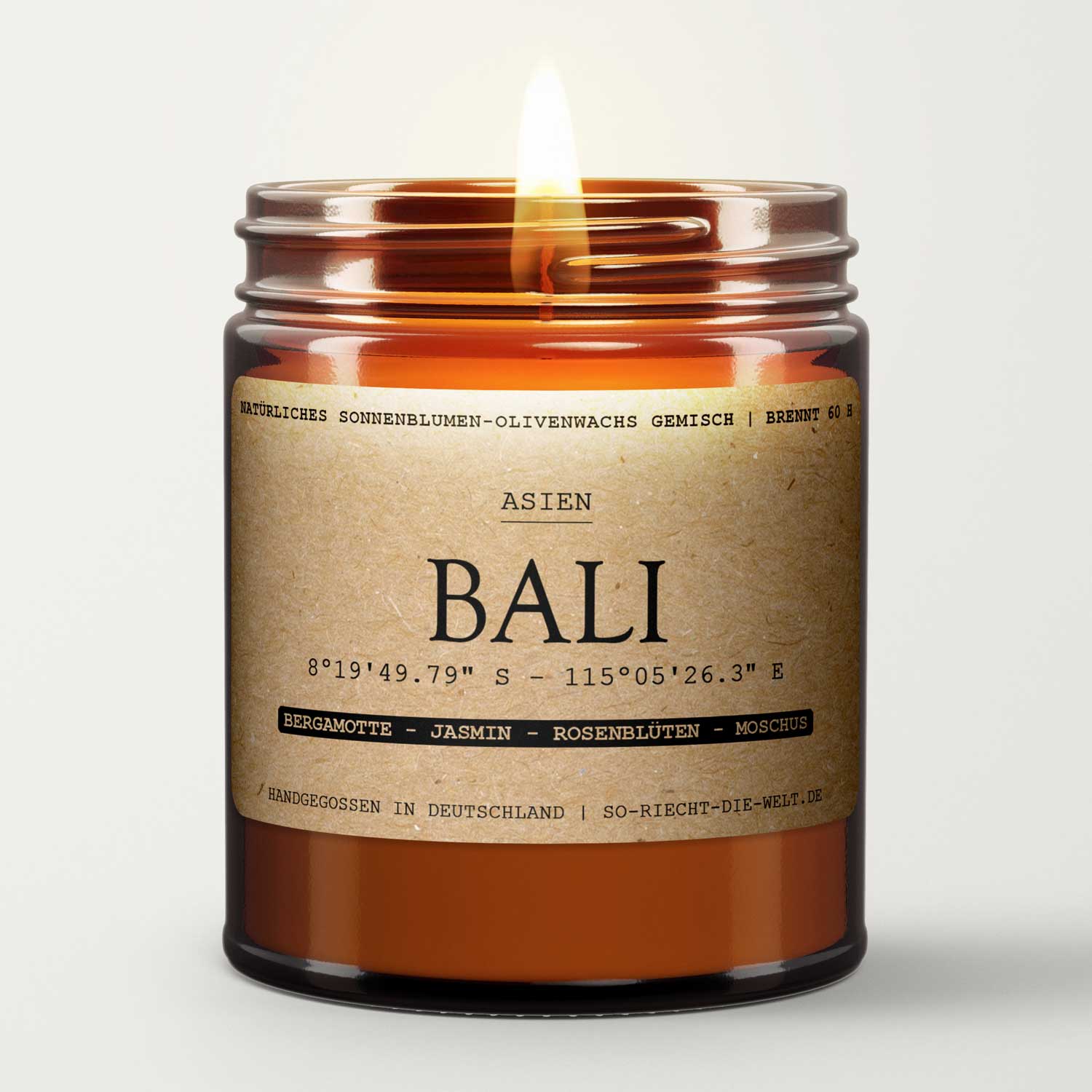 Vela aromática Bali – Bergamota | Jazmín | Pétalos de rosa | Almizcle