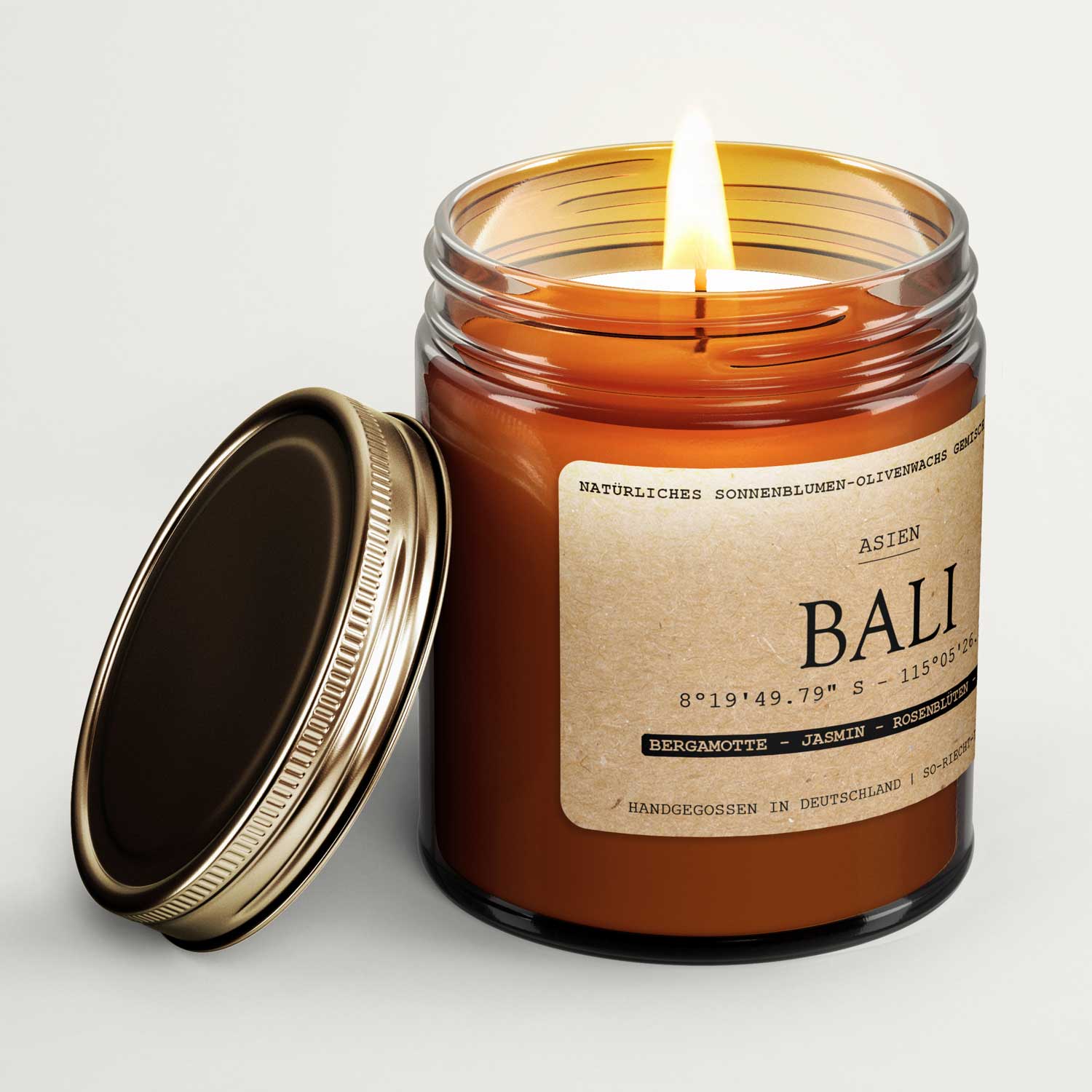Vela aromática Bali – Bergamota | Jazmín | Pétalos de rosa | Almizcle